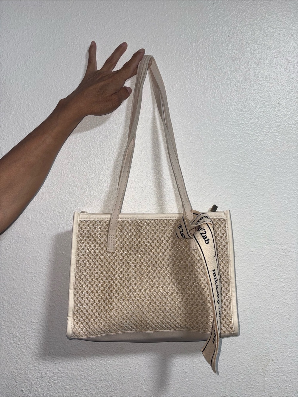 Cream Woven Shoulder Tote Bag